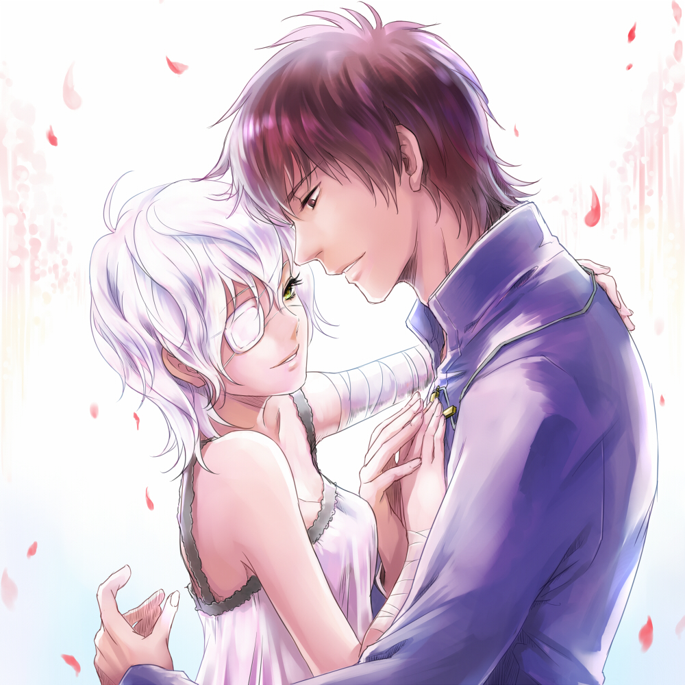 1boy 1girl bandages brown_eyes brown_hair claudia_hortensia couple cross cross_necklace dress eyepatch fate/zero fate_(series) green_eyes hetero husband_and_wife jewelry kotomine_kirei momopanda necklace petals short_hair smile wavy_hair white_hair yellow_eyes