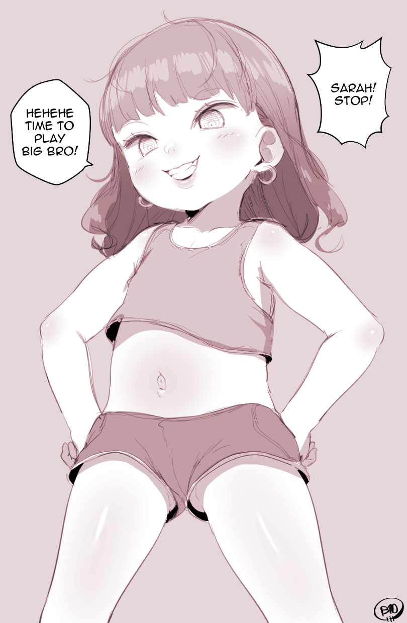 1girl animification born-to-die cowboy_shot crop_top earrings ed_edd_n_eddy english_text female_focus flat_chest gluteal_fold grin hands_on_own_hips highres hoop_earrings jewelry loli looking_at_viewer medium_hair midriff monochrome navel sarah_(ed_edd_n_eddy) shirt short_shorts shorts simple_background sleeveless sleeveless_shirt smile solo speech_bubble teeth thighs