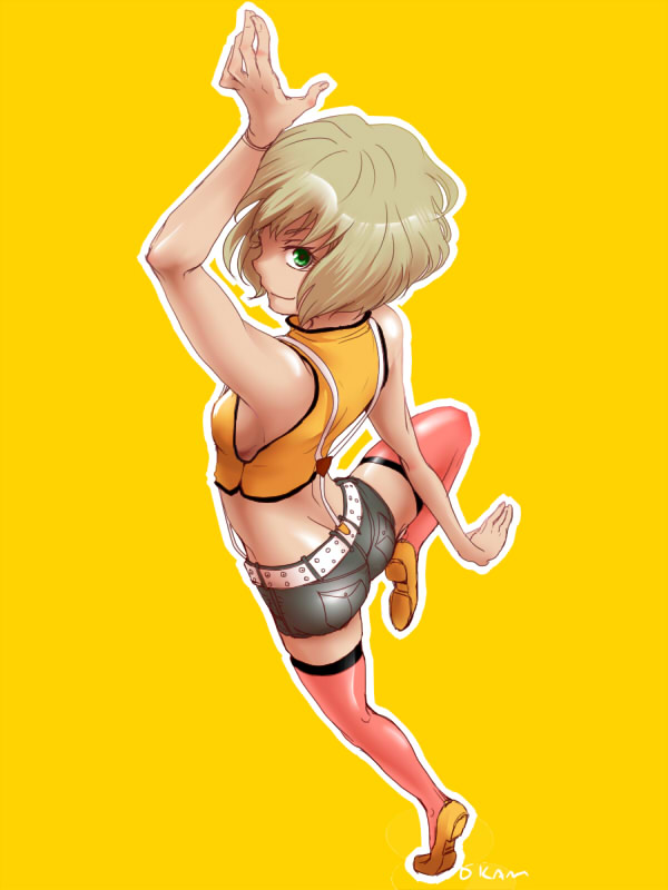 10s 1girl bad_id bad_pixiv_id blonde_hair female_focus fighting_stance from_above green_eyes huang_pao-lin midriff rduuroorn short_hair shorts solo thighhighs tiger_&amp;_bunny