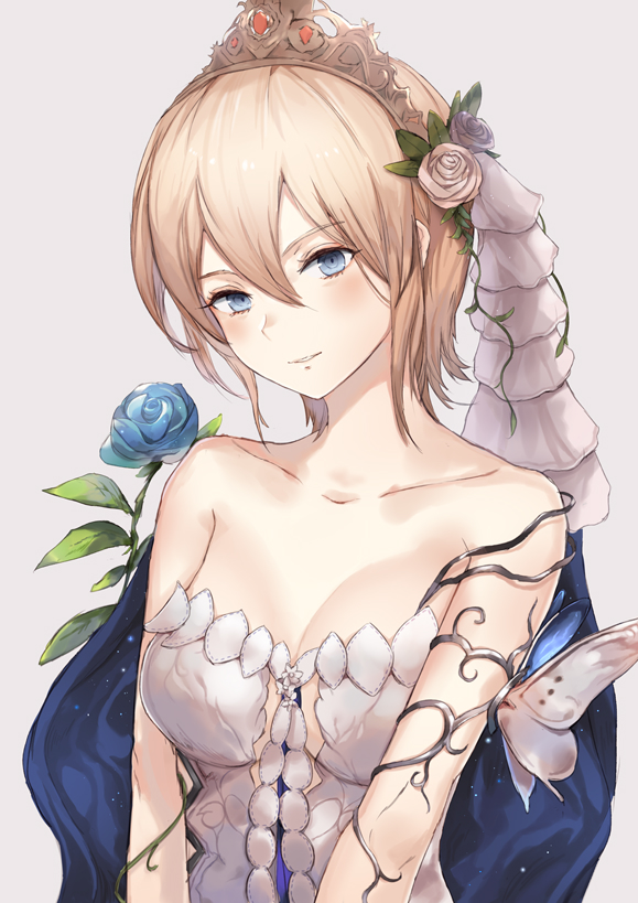 1girl arms_at_sides asymmetrical_clothes bare_shoulders blonde_hair blue_cape blue_eyes blue_flower blue_rose blush breasts bug butterfly cape cleavage collarbone crown dress europa_(granblue_fantasy) female_focus flower gem granblue_fantasy grey_background hair_between_eyes hair_flower hair_ornament head_tilt insect jewelry kachi leaf looking_at_viewer medium_breasts naughty_face neck parted_lips purple_flower purple_rose rose short_hair simple_background single_strap smile solo strapless strapless_dress topaz_(stone) upper_body white_dress white_flower white_rose