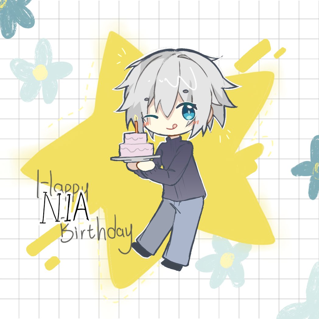 1girl blue_eyes cake chibi date_a_live english_text food honjou_nia n.(pl) one_eye_closed short_hair solo white_hair wink