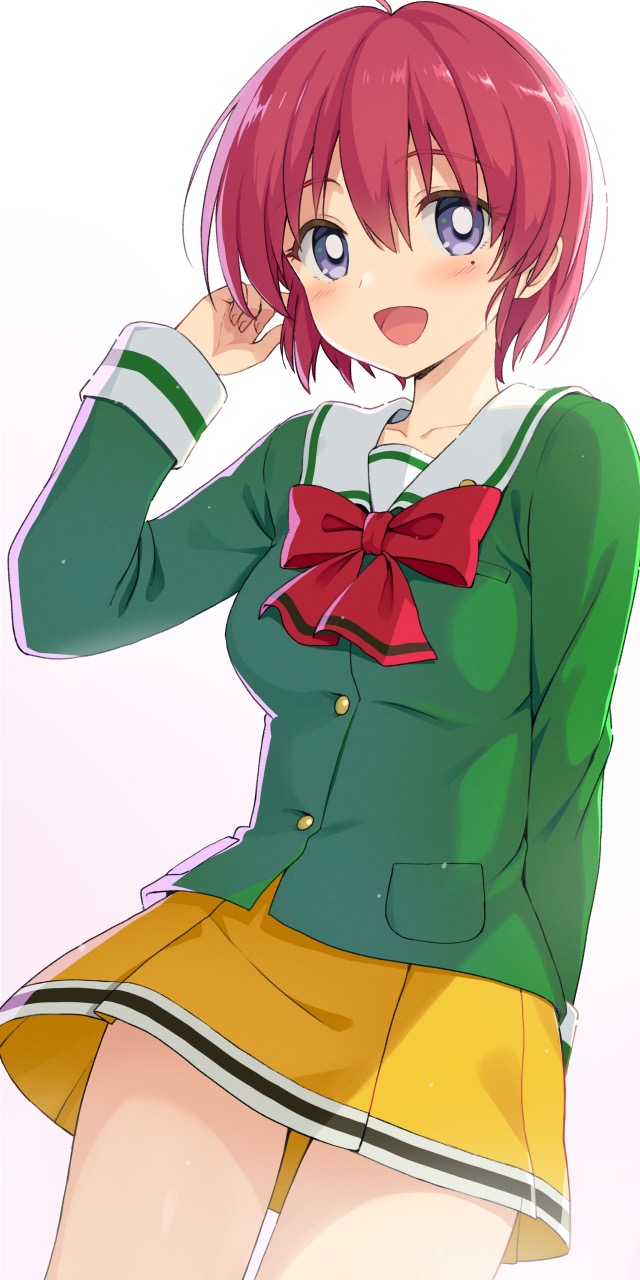 1girl arm_at_side blue_eyes bow green_shirt hand_up hibikino_high_school_uniform highres hinomoto_hikari irinogoma looking_at_viewer mole mole_under_eye open_mouth purple_eyes red_bow red_hair sailor_collar school_uniform shirt short_hair simple_background skirt smile solo standing tokimeki_memorial tokimeki_memorial_2 white_background yellow_skirt