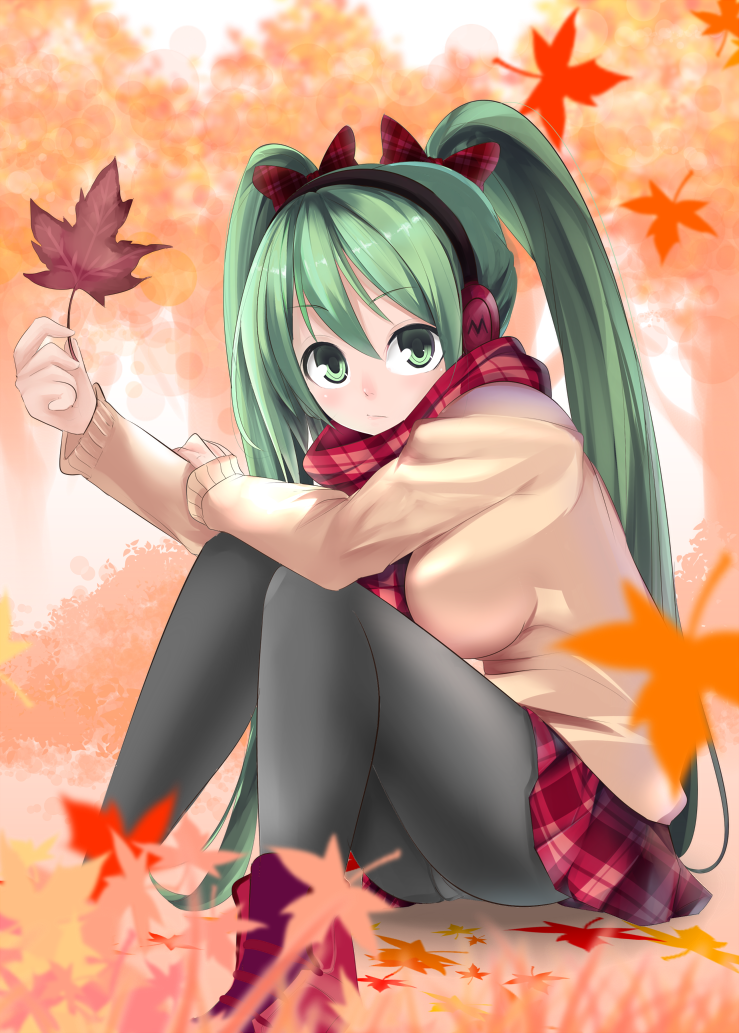 1girl art_is_de4d autumn female_focus green_eyes green_hair hatsune_miku headphones leaf long_hair looking_at_viewer matching_hair/eyes panties panties_under_pantyhose pantyhose pantyshot plaid_clothes plaid_scarf plaid_skirt red_scarf scarf sitting skirt solo sweater twintails underwear upskirt vocaloid