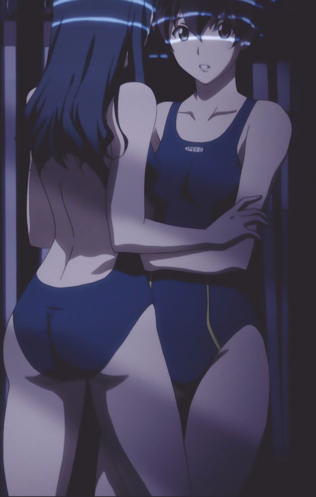 2girls anime_screenshot ass black_hair brown_eyes brown_hair competition_swimsuit ga-rei ga-rei_zero manabe_miku medium_hair multiple_girls one-piece_swimsuit standing stitched swimsuit third-party_edit