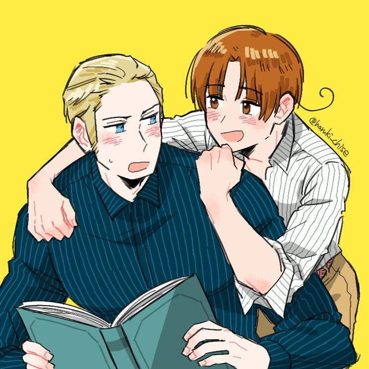 2boys ahoge artist_name axis_powers_hetalia blonde_hair blue_eyes blue_shirt blush book brown_eyes brown_hair brown_pants collared_shirt commentary_request fingernails germany_(hetalia) haruki_chise holding holding_book long_sleeves looking_at_another male_focus multiple_boys northern_italy_(hetalia) open_book open_mouth pants parted_bangs puffy_long_sleeves puffy_sleeves shirt short_hair simple_background smile striped_clothes striped_shirt sweatdrop upper_body vertical-striped_clothes vertical-striped_shirt white_shirt yaoi yellow_background