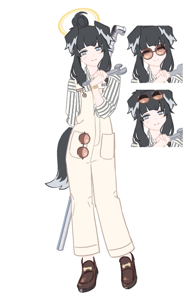 alternate_costume alternate_hairstyle animal_ears arm_behind_back black_hair blue_archive closed_mouth concept_art dog_ears dog_tail multiple_expressions eyewear_on_head hair_bun halo hibiki_(blue_archive) holding holding_wrench long_hair mimitoke multiple_girls overalls purple_eyes shirt shoes simple_background smile sunglasses tail white_background wrench
