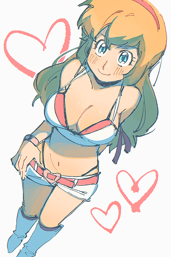 1girl bare_shoulders belt blonde_hair blue_eyes boots bra breasts buckle camisole cleavage crop_top cutie_honey eyelashes from_above full_body hairband hand_in_pants heart heart-shaped_buckle kisaragi_honey large_breasts long_hair looking_at_viewer looking_up malan micro_shorts navel panty_straps pink_belt pink_bra pink_hairband shorts smile solo standing underwear white_boots white_camisole white_shorts