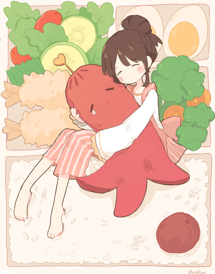 1girl =_= ^_^ barefoot bento blush_stickers broccoli brown_hair capri_pants carrot celery cherry_tomato closed_eyes closed_mouth cucumber cucumber_slice dated egg egg_(food) facing_viewer food food_art frilled_sleeves frills fruit hair_bun hand_up hardboiled_egg head_tilt heart hugging_object in_food knees_together_feet_apart knees_up lettuce long_sleeves lunchbox melanbread mini_person minigirl no_nose original oversized_food oversized_object pants pink_pants pinstripe_pants pinstripe_pattern rice sausage shrimp shrimp_tempura sidelocks signature single_hair_bun single_tear sitting sitting_on_food solo striped_clothes striped_pants swept_bangs tako-san_wiener tempura tomato toothpick umeboshi vegetable vertical-striped_clothes vertical-striped_pants wide_sleeves