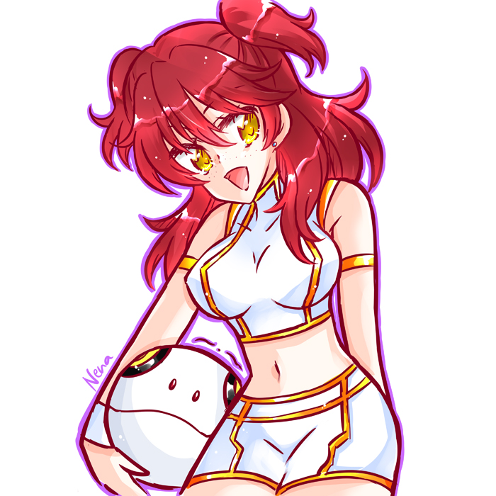 breasts earrings freckles gundam gundam_00 gundam_gquuuuuux haro jewelry large_breasts nena_trinity red_hair stud_earrings twintails voice_actor_connection yellow_eyes