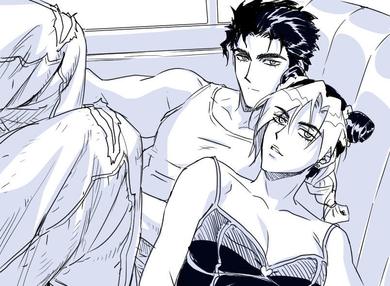 1boy 1girl braid braided_ponytail breasts bun_with_braided_base camisole cleavage commentary_request double_bun earrings father_and_daughter greyscale hair_bun jeonjin_(mynamebazin) jewelry jojo_no_kimyou_na_bouken korean_commentary kuujou_jolyne kuujou_joutarou medium_breasts monochrome multicolored_hair pants parted_lips sitting stone_ocean stud_earrings tank_top torn_clothes torn_pants two-tone_hair