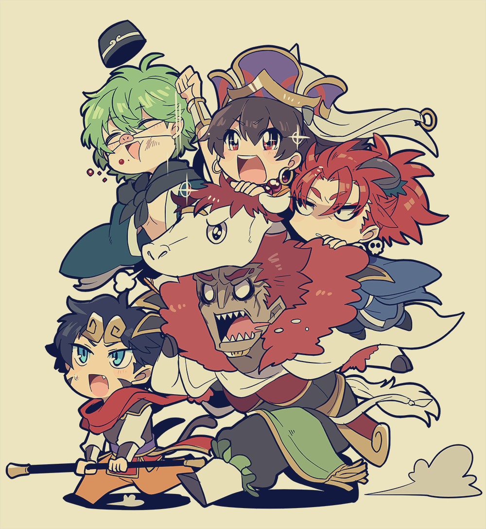 10s 1girl 4boys armor beads black_hair blue_eyes brown_hair closed_eyes cosplay david_(fate) david_(fate/apocrypha) david_(the_three_great_heroes)_(fate) earrings fate/extra fate/grand_order fate_(series) fujimaru_ritsuka_(male) green_hair hat jewelry journey_to_the_west li_shuwen_(fate) li_shuwen_(fate/grand_order) li_shuwen_(young)_(fate) long_hair lu_bu_(fate) multiple_boys necklace open_mouth ponytail prayer_beads red_hair sa_nu sha_wujing sha_wujing_(cosplay) short_hair skull_necklace smile sun_wukong sun_wukong_(cosplay) xuangzang_sanzang_(fate) zhu_bajie zhu_bajie_(cosplay)