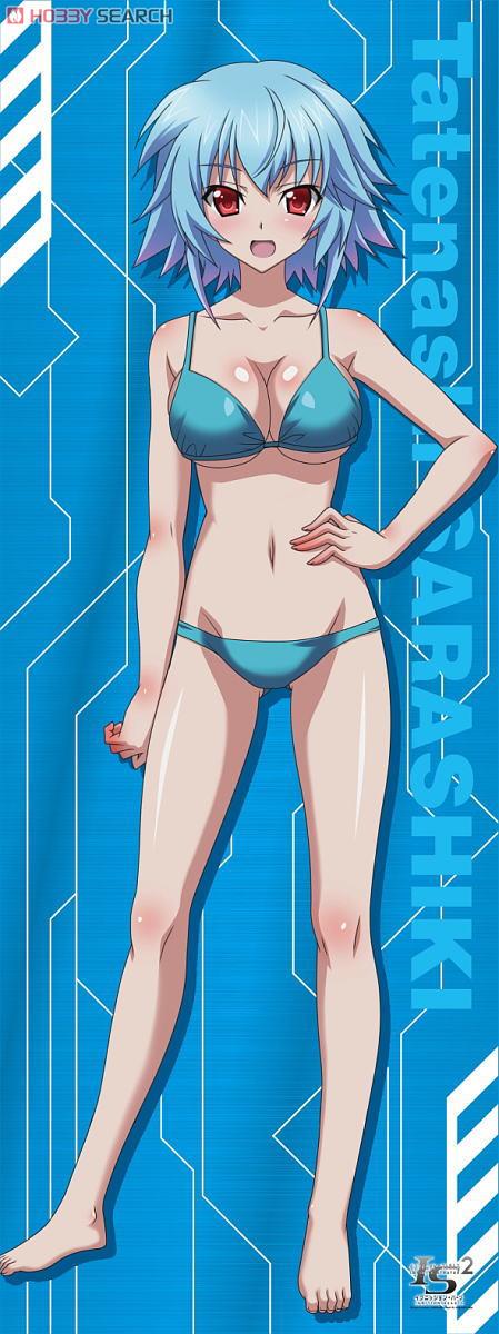 1girl bikini blue_background blue_bikini blue_hair breasts character_name contrail full_body hand_on_own_hip highres infinite_stratos large_breasts looking_at_viewer official_art open_mouth red_eyes sarashiki_tatenashi short_hair solo swimsuit