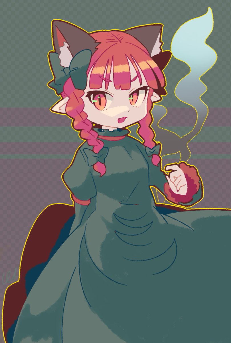 1girl animal_ear_fluff animal_ears bow braid cat_ears cat_tail checkered_background dress extra_ears fang green_background green_dress highres kaenbyou_rin looking_to_the_side multiple_tails open_mouth pmx pointy_ears puffy_sleeves red_eyes red_hair slit_pupils solo squinting standing tail touhou twin_braids two_tails