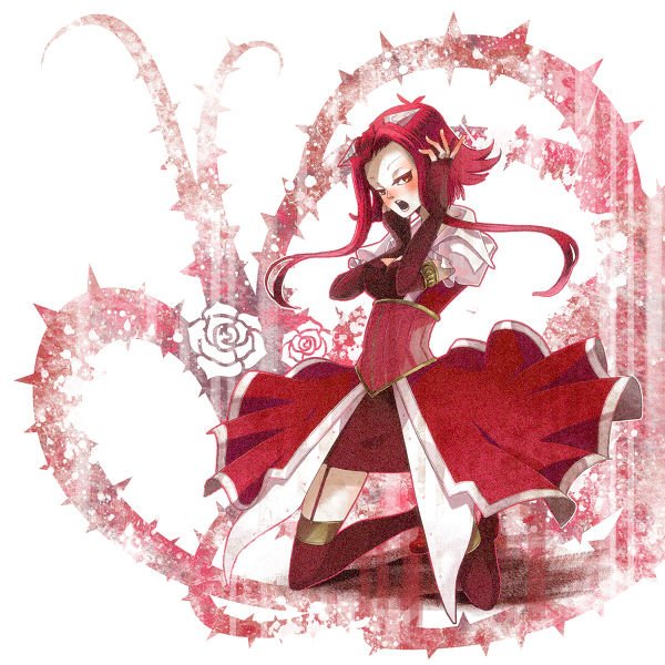 1girl black_legwear corset female_focus fingerless_gloves gloves image_sample izayoi okabe open_mouth pixiv_sample plant red_hair resized solo white_background yu-gi-oh! yu-gi-oh!_5d&#039;s