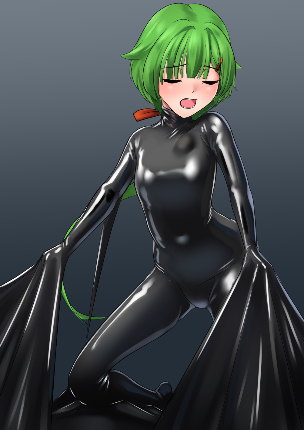 1girl alternate_costume black_bodysuit bodysuit breasts closed_eyes green_hair hair_ornament hairclip highres kantai_collection latex latex_bodysuit long_hair low_ponytail noumi_(kancolle) open_mouth ponytail round_teeth skin_tight small_breasts solo teeth very_long_hair wata_nuki