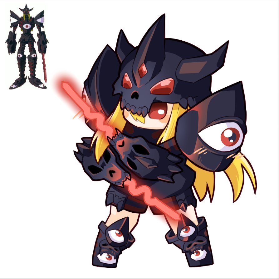 blonde_hair blush digimon digimon_(creature) digimon_frontier duskmon red_eyes skull sword weapon