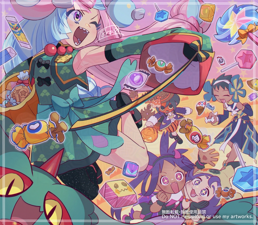 1boy 4girls ;d acerola_(fall_2020)_(pokemon) acerola_(pokemon) adversarial_noise allister_(fall_2022)_(pokemon) allister_(pokemon) arm_up bead_bracelet beads black_footwear blue_hair blush bow bracelet bucket candy closed_eyes cofagrigus commentary_request dark-skinned_female dark_skin detached_sleeves dress fangs flutter_mane food gen_5_pokemon gen_6_pokemon gen_7_pokemon green_bow green_dress green_vest hair_ornament hair_rings halloween_bucket happy haraya holding holding_bucket holding_candy holding_food iono_(fall_2024)_(pokemon) iono_(pokemon) iris_(fall_2022)_(pokemon) iris_(pokemon) jacket jewelry long_hair looking_up mask mimikyu multicolored_hair multiple_girls nintendo one_eye_closed open_mouth outstretched_arm phoebe_(fall_2023)_(pokemon) phoebe_(pokemon) pink_eyes pink_hair pokemon pokemon_(creature) pokemon_masters_ex puffy_shorts pumpkaboo purple_eyes purple_hair purple_jacket sharp_teeth short_hair shorts signature smile sparkling_eyes striped_clothes striped_shorts teeth two-tone_hair very_dark_skin vest white_bow