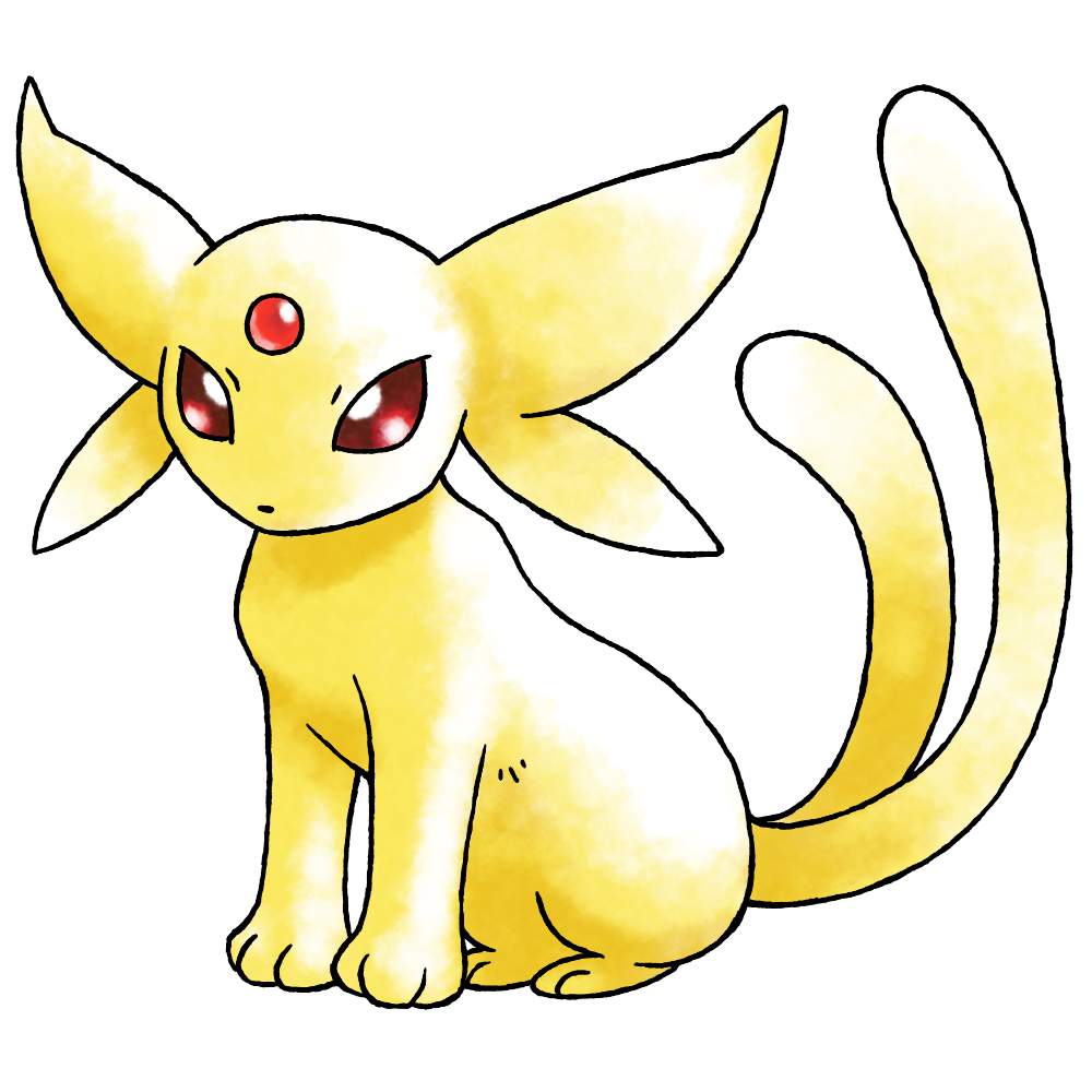 colored_sclera derivative_work espeon espeon_(prototype) forehead_jewel full_body gem gen_2_pokemon multiple_animal_ears multiple_tails nintendo no_humans no_mouth official_style pokemon pokemon_(creature) pokemon_focus pokemon_gsc_(prototype) prototype_design raciebeep red_gemstone red_sclera simple_background sitting solid_eyes solo sugimori_ken_(style) tachi-e tail transparent_background two_tails watercolor_effect yellow_fur yellow_tail