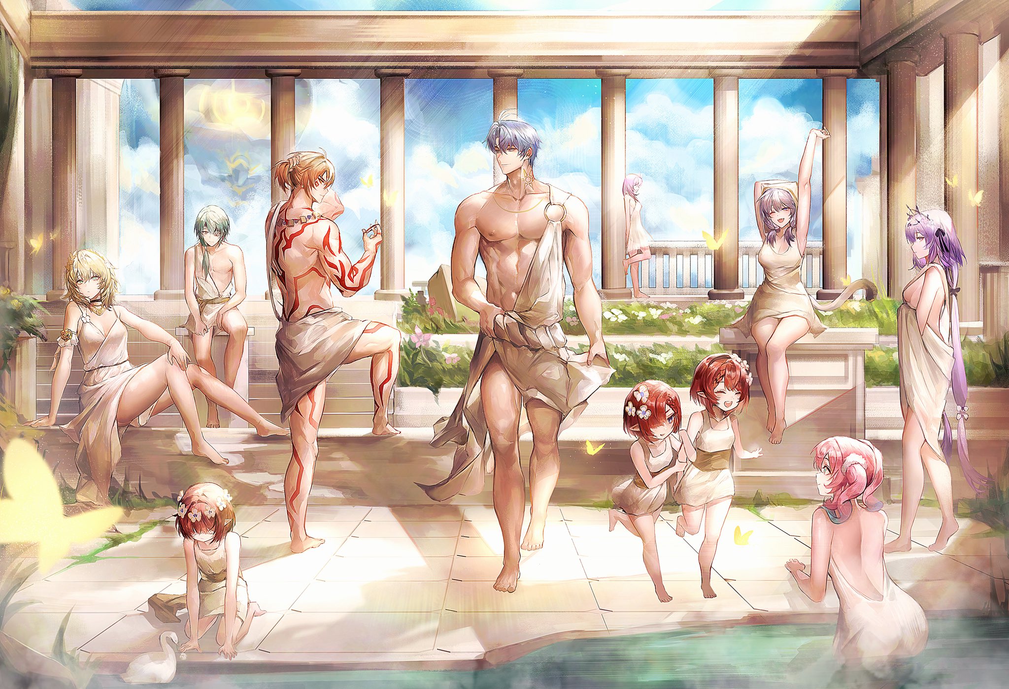 3boys 6+girls abs adjusting_hair against_pillar aglaea_(honkai:_star_rail) alternate_costume anaxa_(honkai:_star_rail) ancient_greek_clothes antenna_hair architecture arm_behind_back arm_tattoo back_tattoo bare_pectorals bathhouse blonde_hair blue_hair blue_sky breasts castorice_(honkai:_star_rail) chiton cipher_(honkai:_star_rail) commentary cyrene_(honkai:_star_rail) dress english_commentary facial_tattoo flower gradient_hair greco-roman_architecture greco-roman_clothes hair_between_eyes hair_flower hair_ornament hair_over_shoulder hair_tie hand_up hands_up highres holding holding_hair_tie honkai:_star_rail honkai_(series) hyacine_(honkai:_star_rail) leg_tattoo long_hair medium_breasts medium_hair multicolored_hair multiple_boys multiple_girls mydei_(honkai:_star_rail) pectorals phainon_(honkai:_star_rail) pillar pink_hair pointy_ears purple_hair red_hair red_tattoo short_hair sitting sky small_breasts sun_symbol sun_tattoo tan tappeee tattoo tiara toned toned_male trianne_(honkai:_star_rail) tribbie_(honkai:_star_rail) trinnon_(honkai:_star_rail) twintails very_long_hair white_dress white_hair