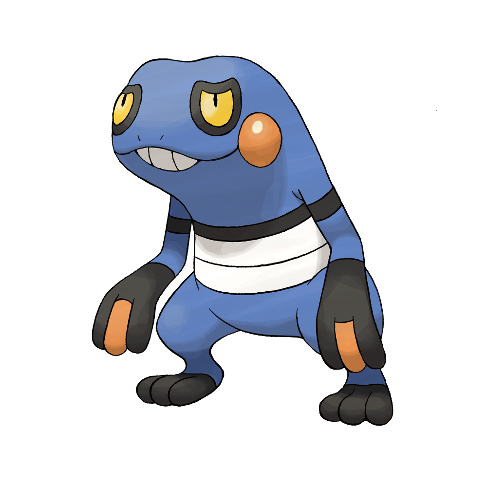 croagunk full_body gen_4_pokemon nintendo no_humans nostrils official_art pokemon pokemon_(creature) pokemon_dppt pokemon_focus simple_background smile solo sugimori_ken teeth third-party_source white_background