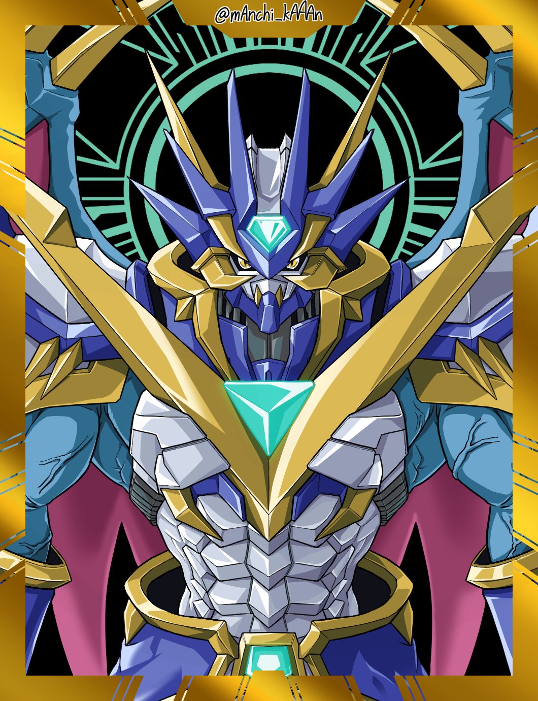 1boy black_background digimon digimon_(creature) dragon forehead_jewel gold_border highres male_focus manchi_kansuke solo twitter_username ulforcev-dramon ulforcev-dramon_x-antibody upper_body yellow_eyes