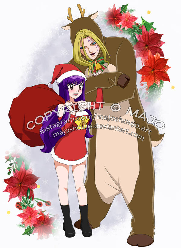 1boy 1girl blush christmas costume digimon happy looking_at_viewer lucemon_falldown_mode smile