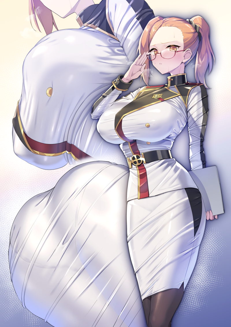 1girl arm_behind_back ass asymmetrical_bangs belt black_pantyhose breasts commentary_request covered_erect_nipples eva_renfield forehead glasses holding holding_paper koikawa_minoru large_breasts long_sleeves looking_at_viewer medium_hair military_uniform multiple_views nageki_no_bourei_wa_intaishitai orange_eyes orange_hair pantyhose pantylines paper pencil_skirt red-framed_eyewear salute semi-rimless_eyewear shirt skirt standing sweat tight_clothes tight_shirt turtleneck turtleneck_shirt twintails white_shirt white_skirt