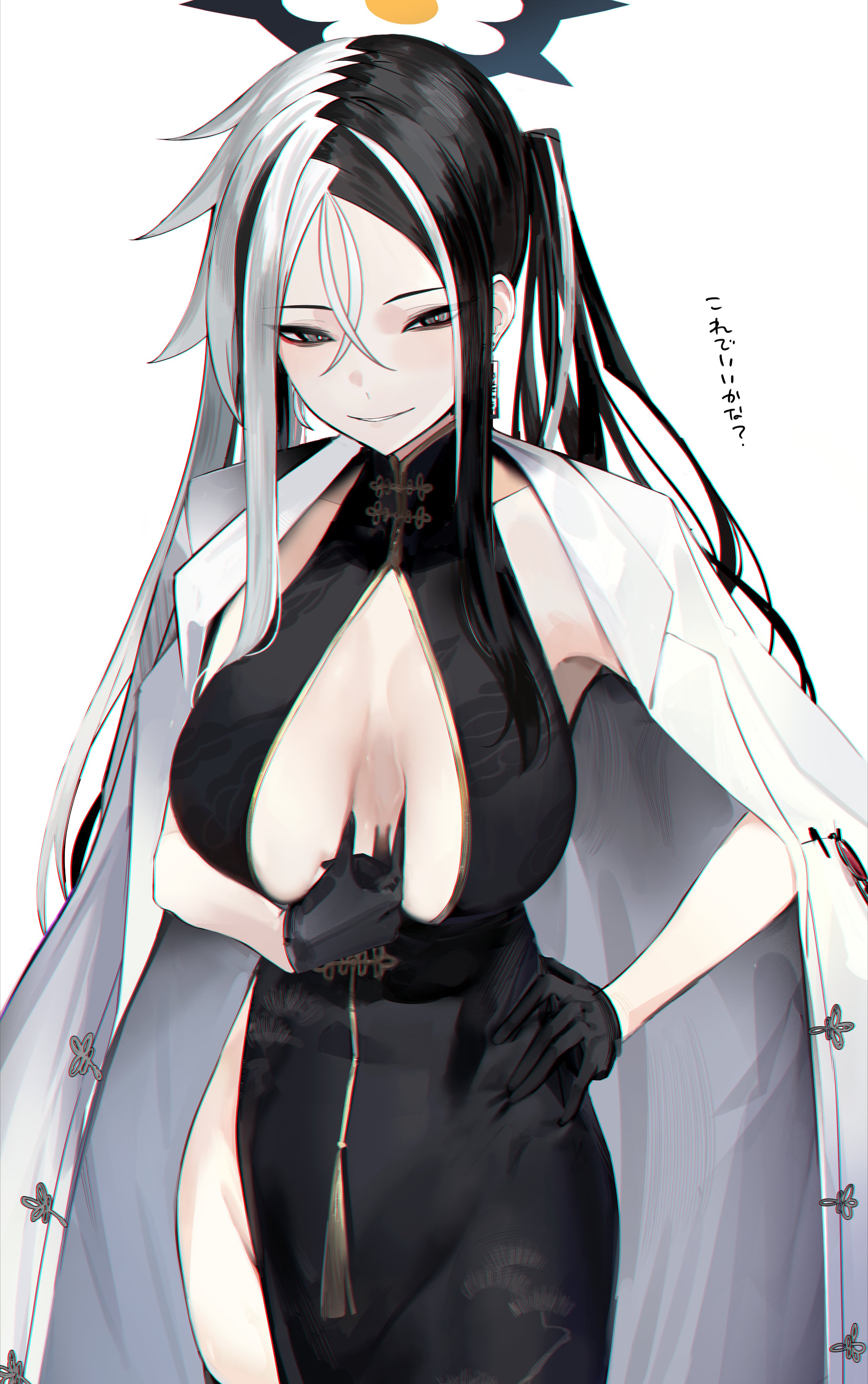 1girl absurdres black_dress black_halo blue_archive china_dress chinese_clothes cleavage_cutout clothing_cutout coat coat_on_shoulders dress halo highres jaaku_(ra_9rara) kai_(blue_archive) multicolored_hair simple_background solo split-color_hair spread_cleavage translation_request tree_print two-tone_hair white_background white_coat