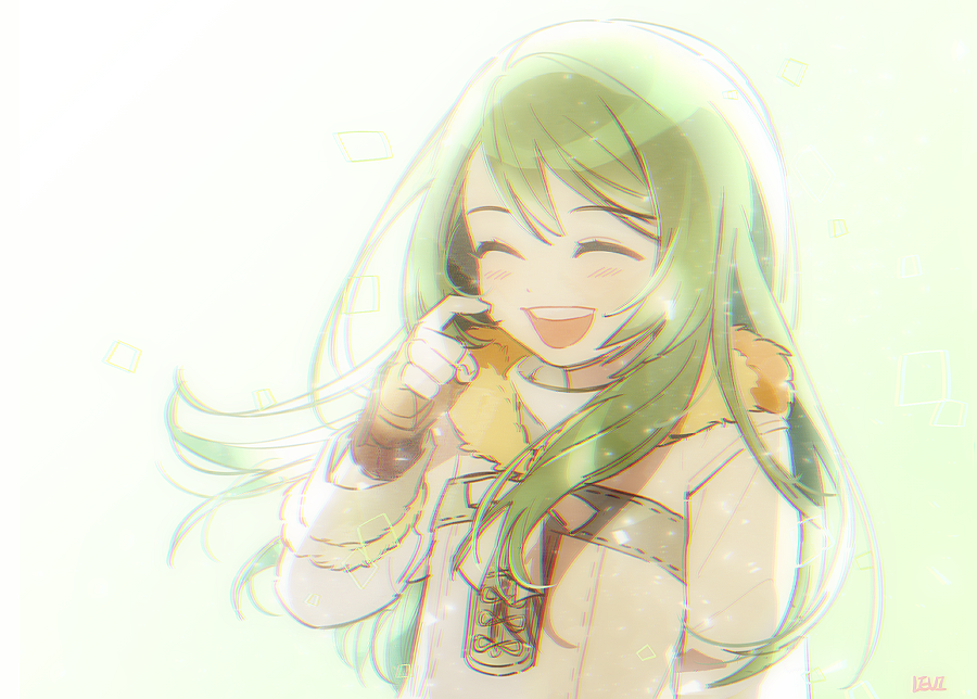 1girl artist_name finger_to_face fingerless_gloves gloves green_hair levi_spo long_sleeves mabinogi simple_background smile tanilliem_(mabinogi) teeth