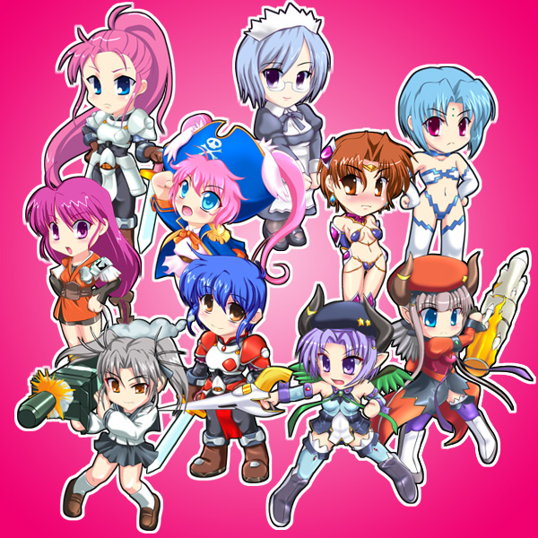 6+girls angel angel_wings apron armor bike_shorts blue_hair breastplate captain_vanilla character_request chibi dai_(series) daiakuji dha fist_pump galzoo_island hat hawlean_province holding holding_sword holding_weapon kentou_kanami la_hawzel la_seizel maid maid_apron maid_headdress menad_shisei multiple_girls open_mouth pink_hair pirate_costume pirate_hat ponytail rance_(series) red_armor silky_littleraisin sword takega_satsu weapon white_armor wings