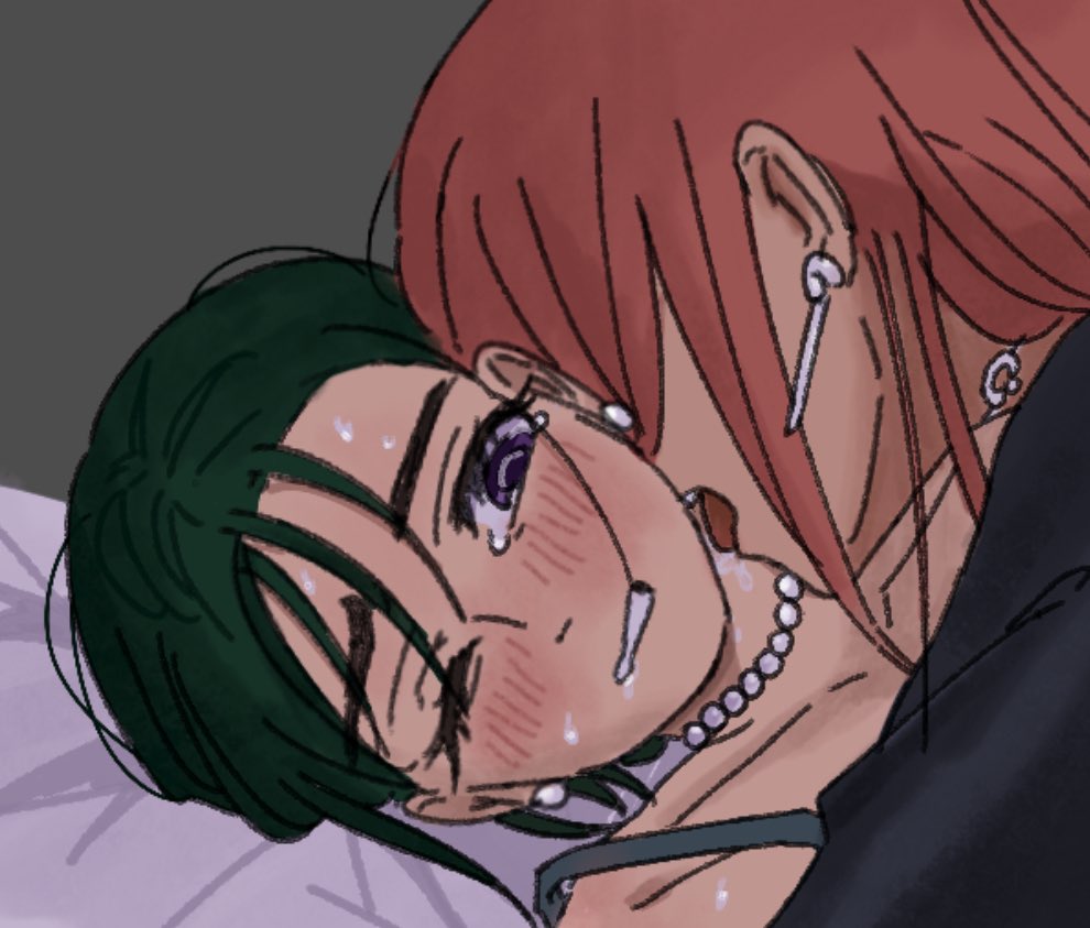 2girls alien_stage black_hair blush earrings jewelry licking licking_another&#039;s_neck mizi_(alien_stage) motii multiple_girls necklace one_eye_closed pearl_necklace pink_hair purple_eyes saliva short_hair sua_(alien_stage) sweat yuri