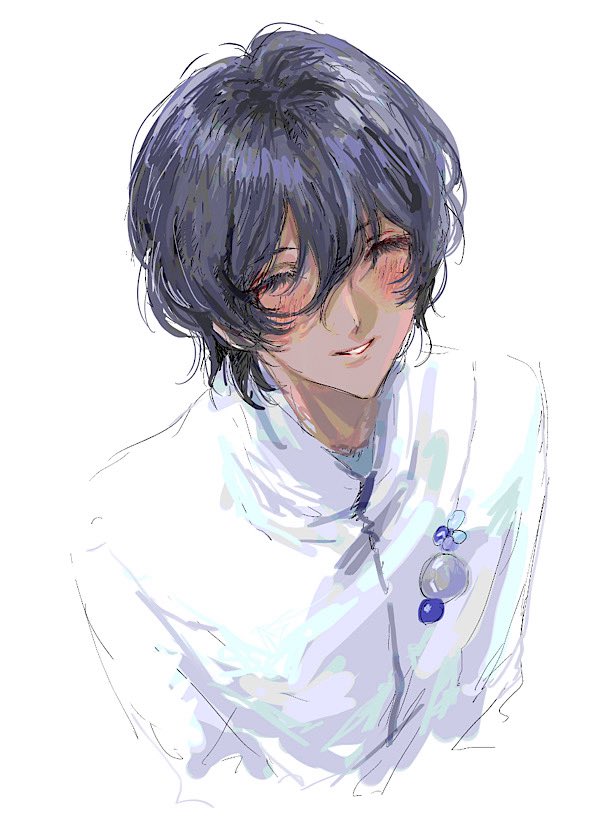 1boy arjuna_(fate) black_hair blush closed_eyes cropped_torso dark-skinned_male dark_skin fate/grand_order fate_(series) hair_between_eyes indian_clothes male_focus ngg_n open_mouth short_hair simple_background smile solo white_background