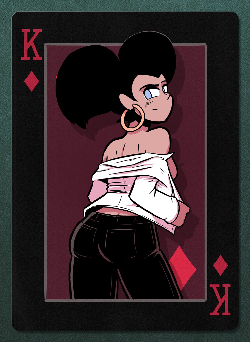 1girl ass bare_shoulders black_hair blue_eyes breasts card_(medium) closed_mouth commentary dark-skinned_female dark_skin denim double_bun earrings english_commentary from_behind gert_(sam_&amp;_fuzzy) hair_bun highres hoop_earrings jeans jewelry king_(playing_card) king_of_diamonds long_sleeves looking_at_viewer medium_breasts no_bra original pants sam_&amp;_fuzzy sam_logan shirt smile solo undressing white_shirt