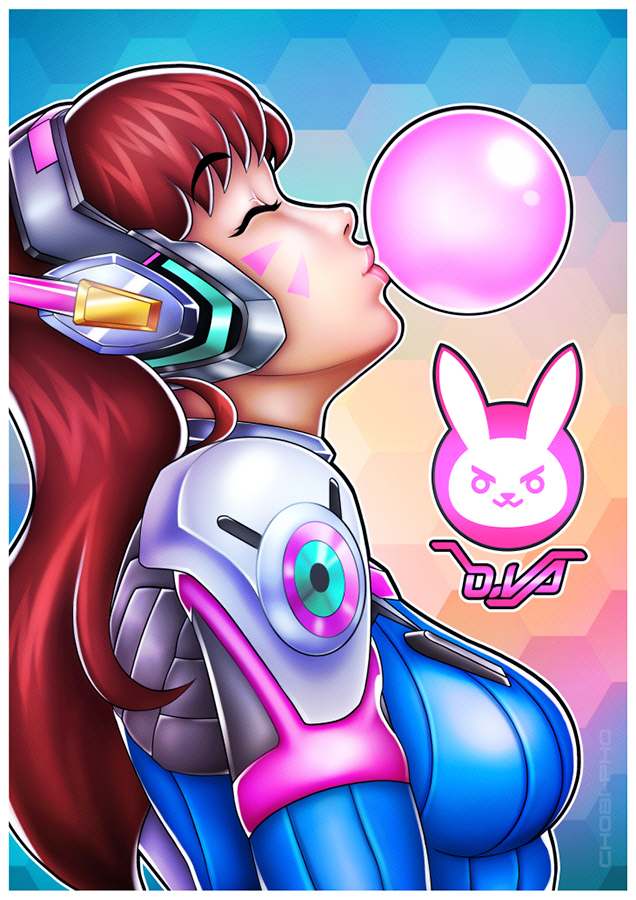 1girl arched_back artist_name blowing_bubble_gum blowing_bubbles bodysuit border breasts character_name chewing_gum closed_eyes d.va_(overwatch) facepaint facial_mark female_focus from_side headphones honeycomb_(pattern) honeycomb_background honeycomb_pattern leaning_back lips long_hair mecha_pilot_suit nose overwatch overwatch_1 profile red_hair ribbed_bodysuit signature skin_tight small_breasts smug solo swept_bangs toni_hoang_nguyen upper_body whisker_markings white_border