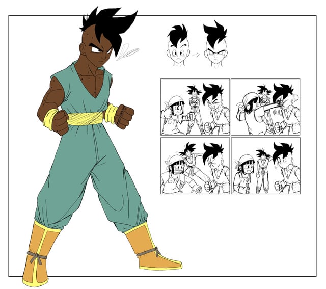 1girl 2boys black_eyes black_hair dark-skinned_male dark_skin dragon_ball dragon_ball_gt grandfather_and_granddaughter happy master_and_apprentice master_and_pupil multiple_boys muscular muscular_male pan_(dragon_ball) punching serious smile son_goku surprised training uub