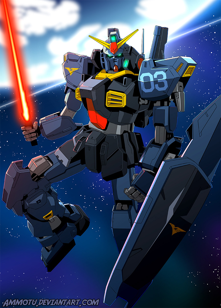 ammotu blue_eyes cloud cloudy_sky commentary deviantart_username energy_sword english_commentary exposed_internal_machinery flying gundam gundam_mk_ii machinery mecha mecha_focus mobile_suit no_humans ocean radio_antenna robot roundel science_fiction shield signature sky sword titans_(gundam) v-fin water weapon zeta_gundam