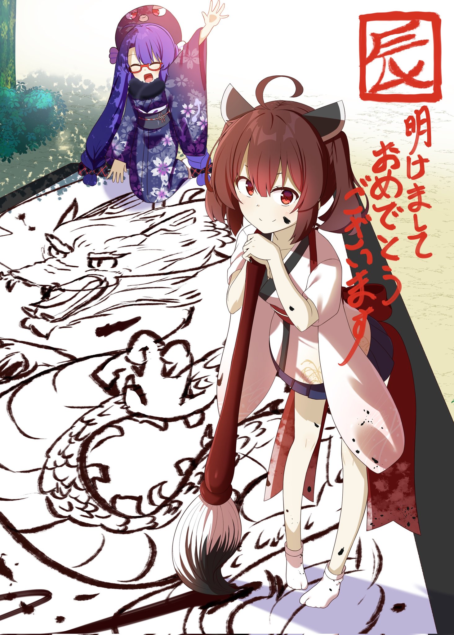 2girls ^_^ ahoge animal_hat ankle_socks arm_up asymmetrical_bangs black_scarf blue_hair blue_kimono blue_skirt blunt_bangs braid brown_hair bush calligraphy_brush calligraphy_paper chaakusu cherry_blossom_print chinese_zodiac closed_eyes closed_mouth commentary_request dappled_sunlight dragon eastern_dragon eel_hat floral_print floral_print_kimono full_body fur_scarf giant_brush glasses gradient_clothes gradient_kimono hair_between_eyes hair_ribbon happy_new_year hat hat_ribbon headgear highres holding holding_calligraphy_brush holding_paintbrush ink_on_clothes ink_on_face inkan japanese_clothes kakizome kimono kneeling leaning_forward leaning_on_object light_blush long_hair looking_at_viewer low-braided_long_hair low-tied_long_hair medium_hair miniskirt multiple_girls new_year no_shoes obiage obidome obijime open_mouth otomachi_una otomachi_una_(talkex) outdoors paintbrush pigeon-toed plaid_ribbon pleated_skirt print_kimono red-framed_eyewear red_eyes red_sash ribbon sash scarf semi-rimless_eyewear skirt sleeves_rolled_up smile socks standing sunlight tabi talkex touhoku_kiritan tree twin_braids twintails under-rim_eyewear very_long_hair voiceroid waving white_kimono white_socks wide_sleeves year_of_the_dragon