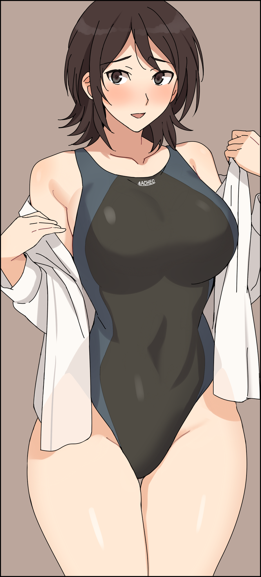 1girl amagami blush breasts brown_background commentary_request competition_swimsuit covered_navel highres large_breasts looking_at_viewer mature_female mobu one-piece_swimsuit open_clothes open_mouth open_shirt shiny_skin short_hair simple_background solo standing swimsuit takahashi_maya teacher thighs two-tone_swimsuit
