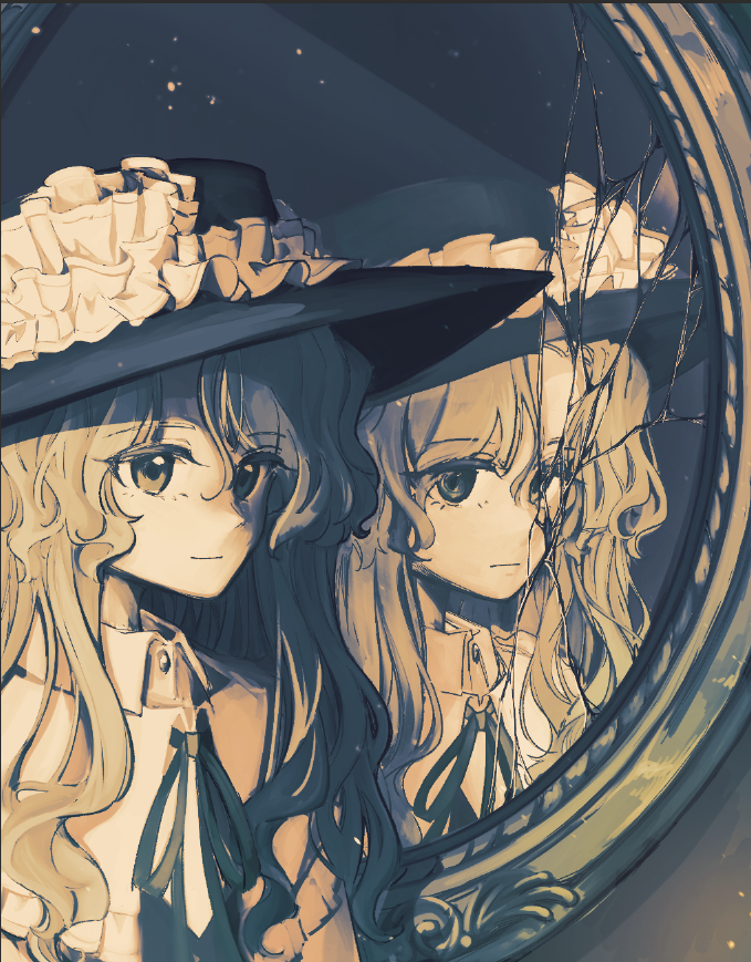 1girl black_hat broken_mirror closed_mouth different_reflection dolls_in_pseudo_paradise fedora frilled_hat frills hat jacket_girl_(dipp) long_hair looking_at_viewer mirror neck_ribbon reflection ribbon solo touhou uzumibi very_long_hair wavy_hair