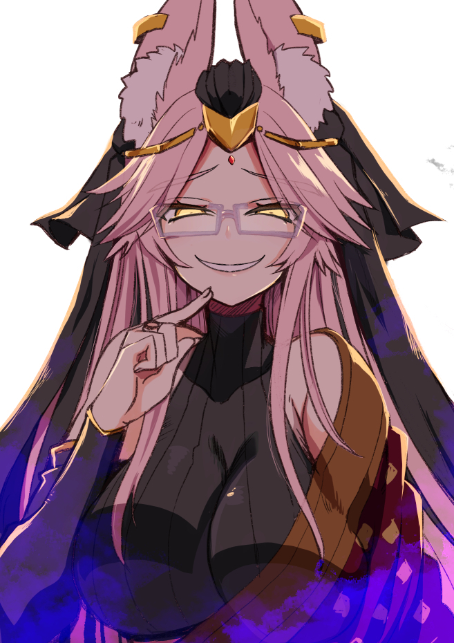 1girl animal_ears breasts fate/grand_order fate_(series) female_focus fox_ears glasses grin half-closed_eyes indian_clothes koyanskaya_(fate) koyanskaya_(indian_lostbelt_outfit)_(fate) large_breasts long_hair looking_at_viewer nachisuke pink_hair smile solo tamamo_(fate) very_long_hair yellow_eyes