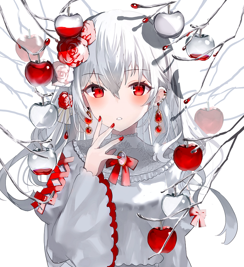 1girl apple crystal_apple crystal_earrings earrings flower food fruit grey_hair hair_flower hair_ornament jewelry juliet_sleeves long_hair long_sleeves looking_at_viewer nail_polish open_mouth original puffy_sleeves apple red_eyes red_nails rose sakizaki_saki-p simple_background solo upper_body white_background white_flower white_rose wide_sleeves