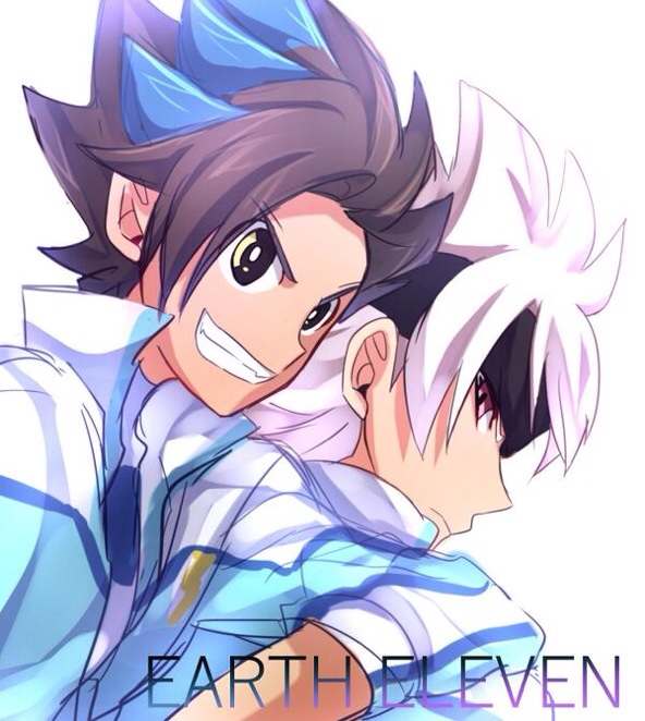 10s 2boys bad_id bad_pixiv_id blue_hair brown_hair earth_eleven grin headband ibuki_munemasa inazuma_eleven_(series) inazuma_eleven_go inazuma_eleven_go_galaxy jacket maian maianh male_focus matatagi_hayato multicolored_hair multiple_boys smile track_jacket two-tone_hair white_background white_hair