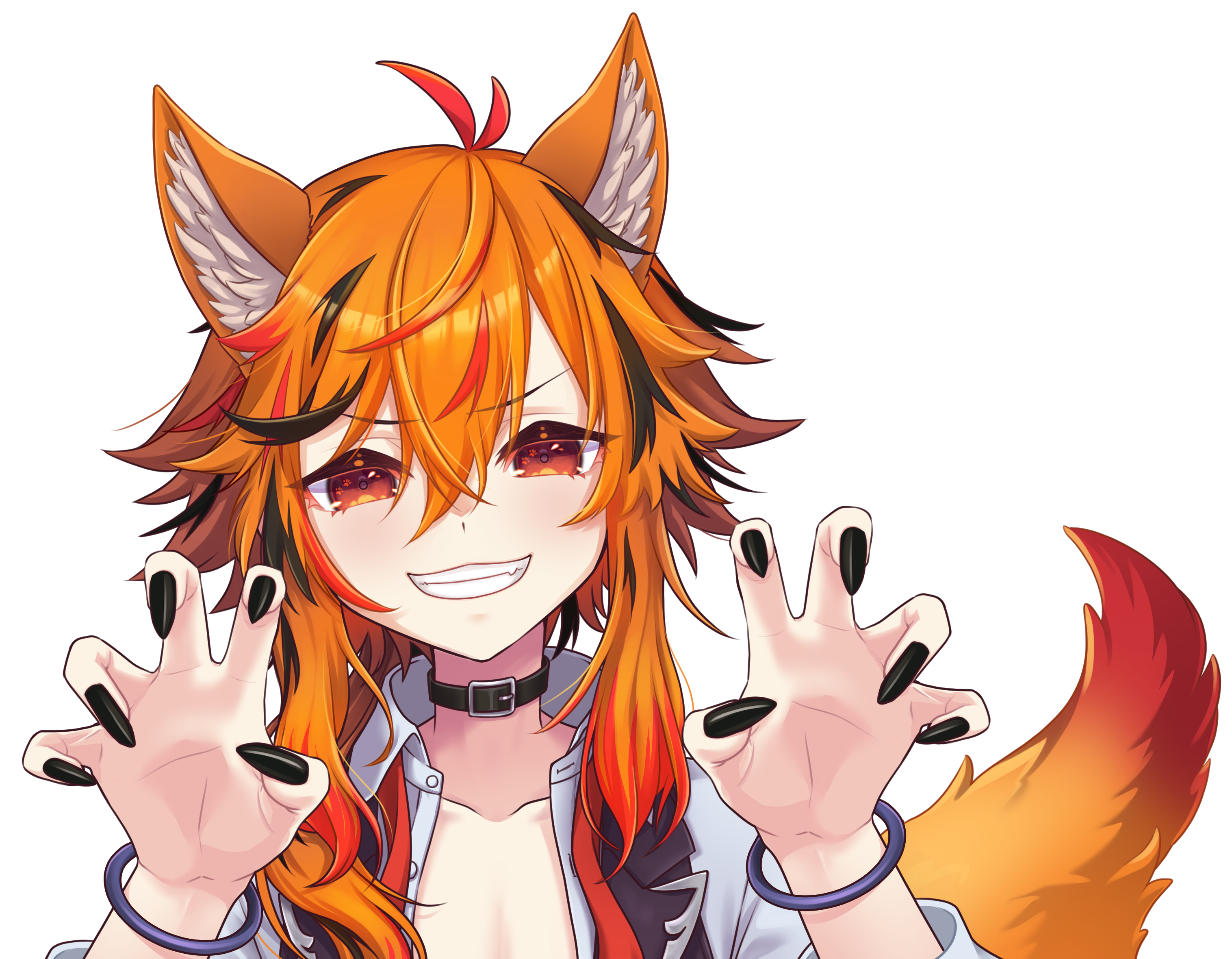 1girl animal_ears belt belt_collar black_belt black_hair black_nails black_vest bracelet claw_pose collar collarbone fingernails fox_ears fox_girl fox_tail grin hair_between_eyes highres jewelry kazami_kuku kemonomimi_mode large_variant_set long_bangs long_fingernails long_hair looking_at_viewer multicolored_hair nanashi_inc. open_clothes open_shirt open_vest orange_eyes orange_hair red_hair reona_kfc02 sharp_fingernails shirt simple_background smile solo tail transparent_background upper_body v-shaped_eyebrows variant_set vest virtual_youtuber white_shirt