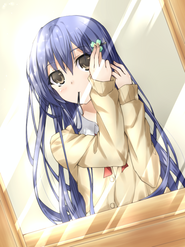 1boy adjusting_hair blue_hair brown_eyes cardigan collared_shirt date_a_live dutch_angle genderswap genderswap_(mtf) hair_ornament hairpin itsuka_shido itsuka_shiori long_hair long_sleeves mirror shirt shun_no_shun solo upper_body yellow_cardigan