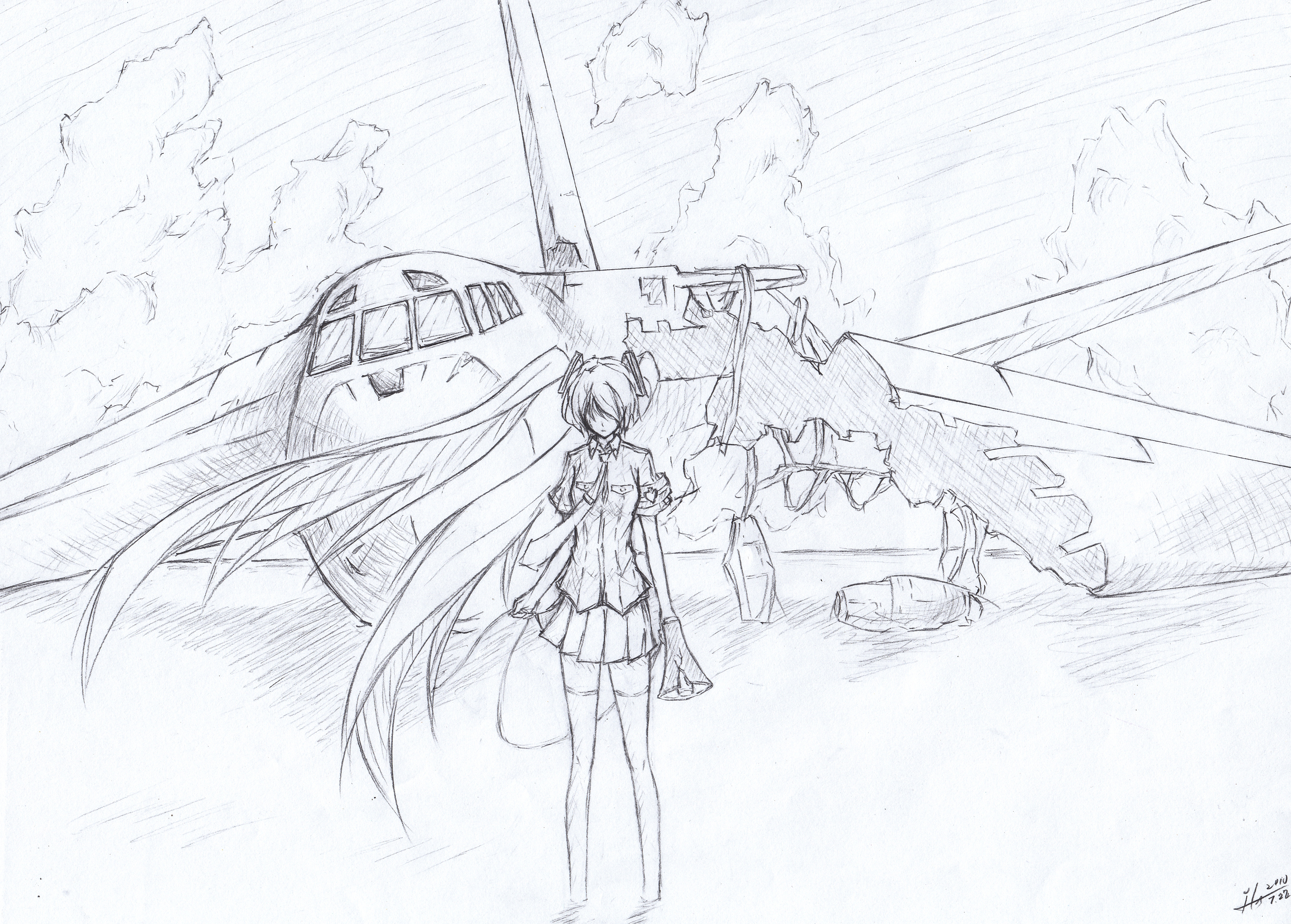 1girl aircraft airplane b-52_stratofortress bad_id bad_pixiv_id cable cloud female_focus greyscale hair_over_eyes hatsune_miku heavy_bomber highres koi_wa_sensou_(vocaloid) long_hair megaphone monochrome necktie outdoors penetrator_(aircraft) phantania ruins signature sketch skirt sky solo strategic_bomber thighhighs traditional_media very_long_hair vocaloid wading water wind
