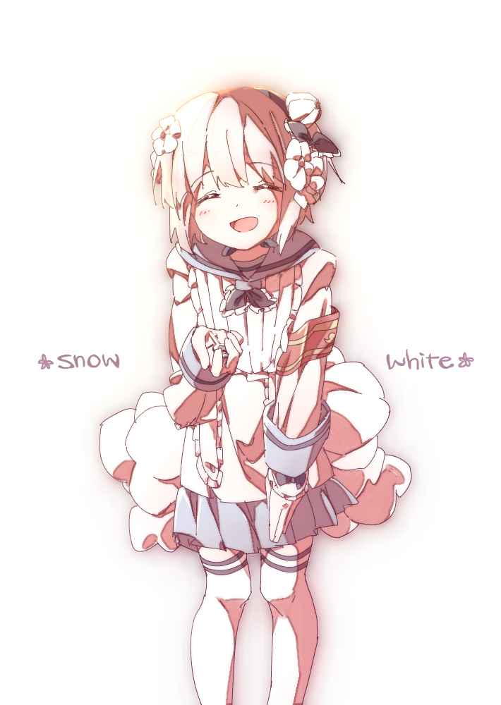 1girl armband boro_(tn-boro) closed_eyes flower hair_flower hair_ornament magical_girl mahou_shoujo_ikusei_keikaku open_mouth sailor_collar school_uniform short_hair smile snow_white_(mahoiku) thighhighs white_hair white_thighhighs