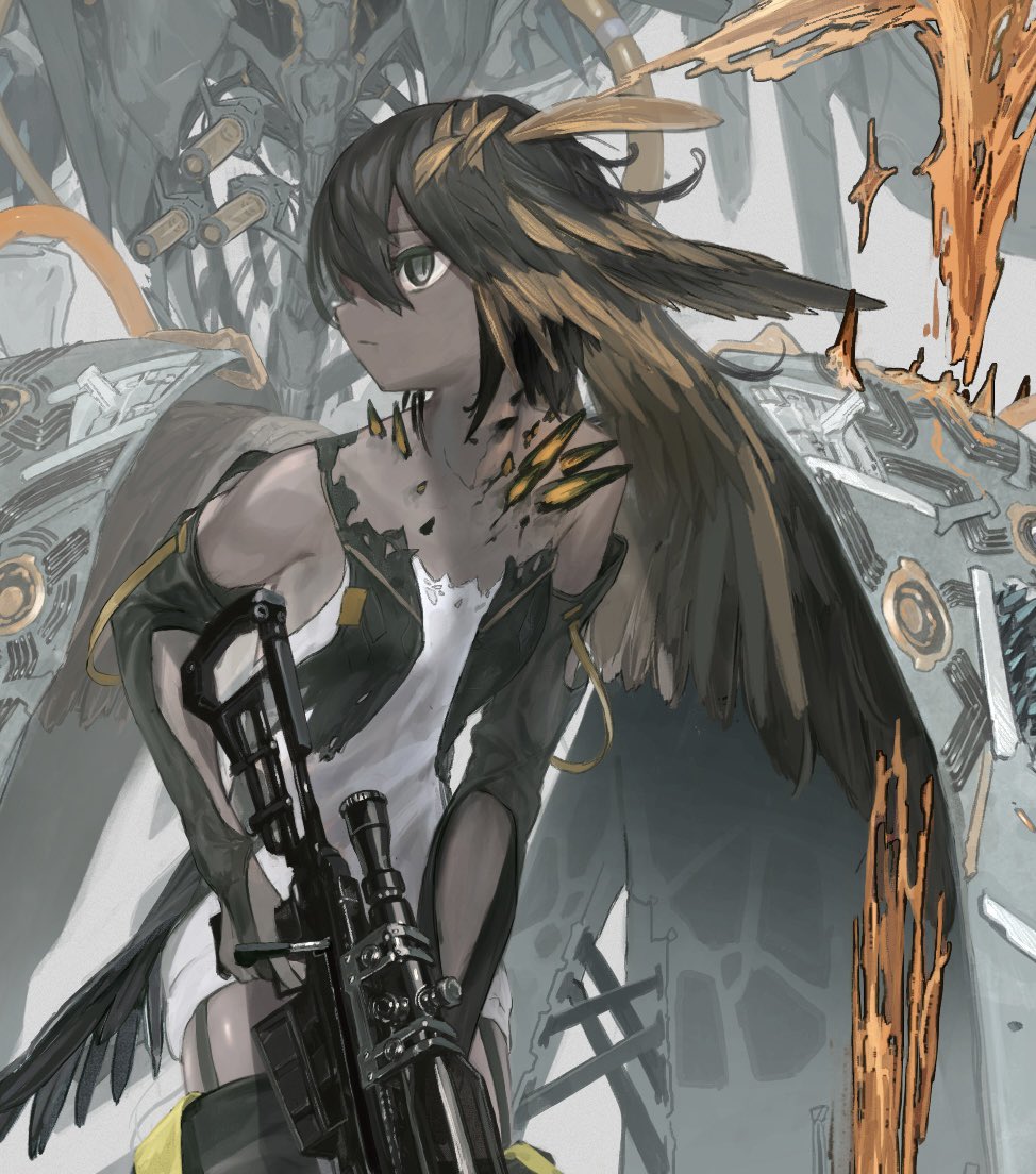 1girl bird_girl black_bridal_gauntlets black_hair black_vest bridal_gauntlets brown_feathers closed_mouth clothing_cutout cropped crystal dark-skinned_female dark_skin dress feather_hair feathered_wings feathers full_body grey_eyes gun holding holding_gun holding_weapon looking_away looking_to_the_side original rifle short_dress sleeveless sleeveless_dress sniper_rifle solo standing toriseka vest weapon white_dress wing_armor wings