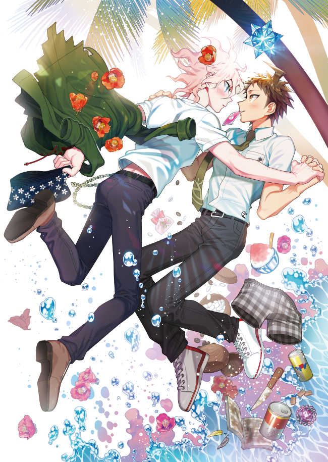 2boys ahoge belt black_belt black_pants breast_pocket brown_hair brown_shoes collared_shirt danganronpa_(series) danganronpa_2:_goodbye_despair eye_contact green_jacket hinata_hajime holding holding_underwear holding_unworn_clothes jacket knife komaeda_nagito looking_at_another male_focus male_underwear multiple_boys palm_tree pants plaid_clothes plaid_male_underwear pocket shirt shoes short_hair short_sleeves tree underwear unworn_male_underwear uurin white_background white_shirt