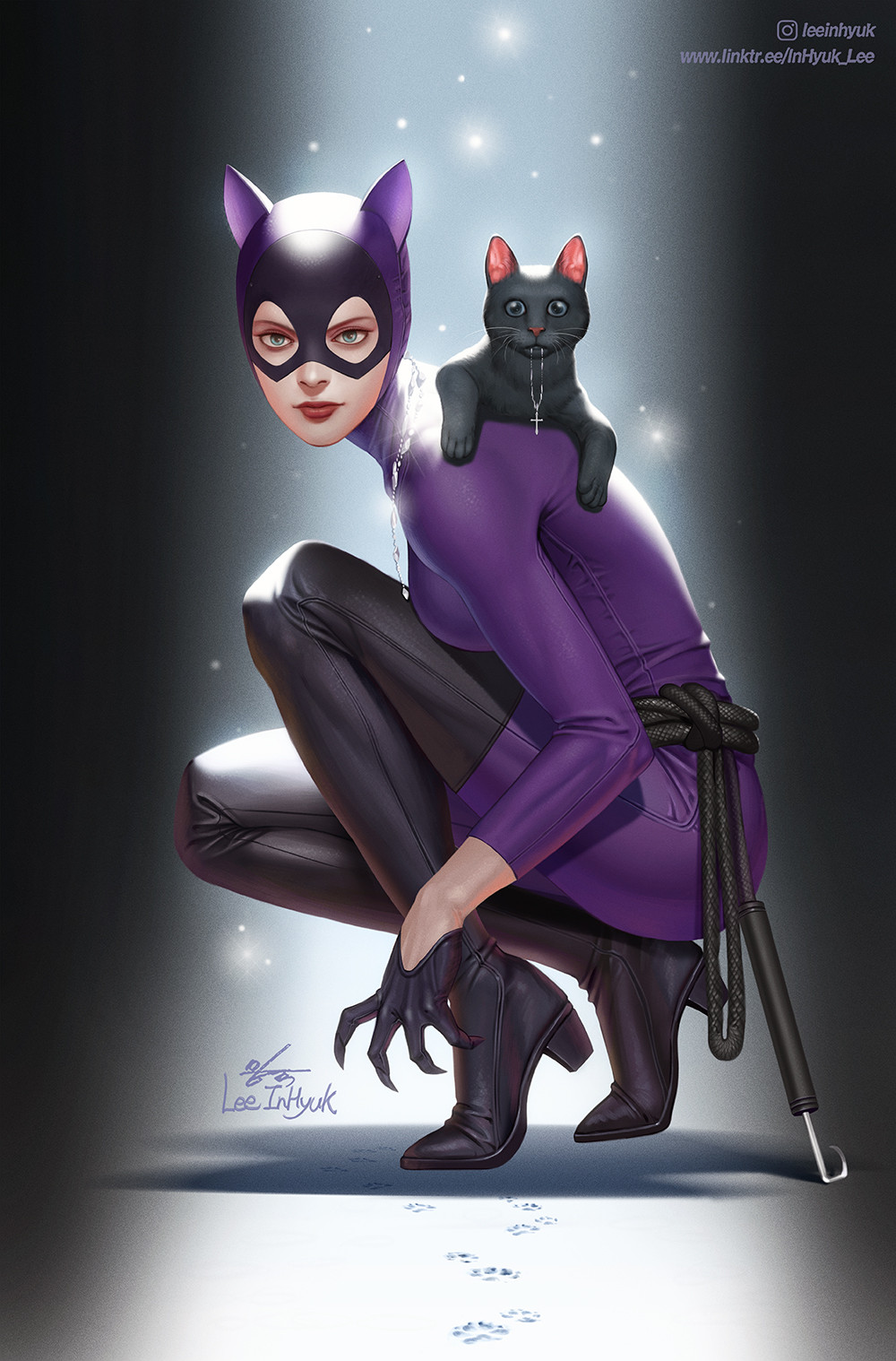 1girl animal_ears artist_name black_boots black_cat black_gloves blue_eyes bodysuit boots cat cat_ears catwoman dc_comics gloves high_heel_boots high_heels highres in-hyuk_lee instagram_logo instagram_username looking_at_viewer mask photoshop_(medium) purple_bodysuit selina_kyle signature solo squatting thigh_boots tiptoes watermark web_address