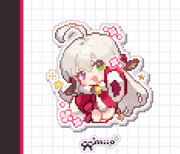 1girl ahoge animal_ears arin_(fanfan013) bare_legs bell blush_stickers chibi commentary deer_ears dress english_commentary flower fur-trimmed_dress fur-trimmed_sleeves fur_trim green_eyes grid_background hair_between_eyes heterochromia long_hair long_sleeves lowres neck_bell neckerchief open_mouth original outline pink_flower purple_eyes red_dress red_sandals sandals short_dress simple_background sleeves_past_fingers sleeves_past_wrists smile solo sparkle star_(symbol) very_long_hair white_background white_hair white_neckerchief white_outline wide_sleeves